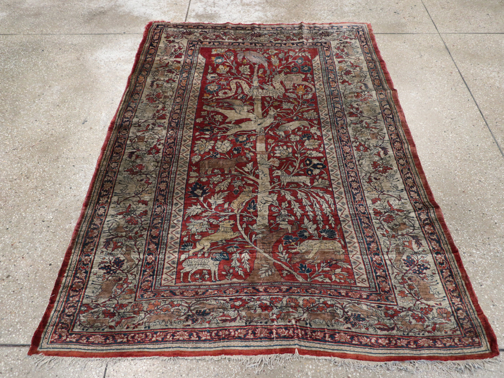Antique Persian Silk Tabriz Pictorial Accent Rug, No.16402 - Galerie Shabab