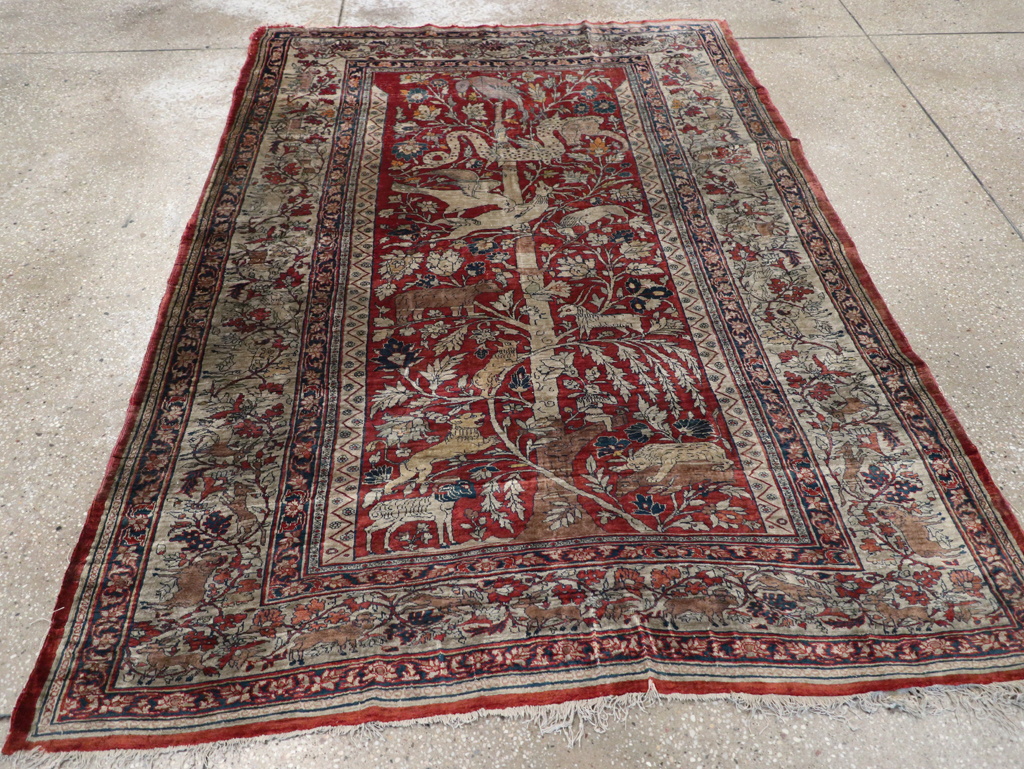 Antique Persian Silk Tabriz Pictorial Accent Rug, No.16402 - Galerie Shabab