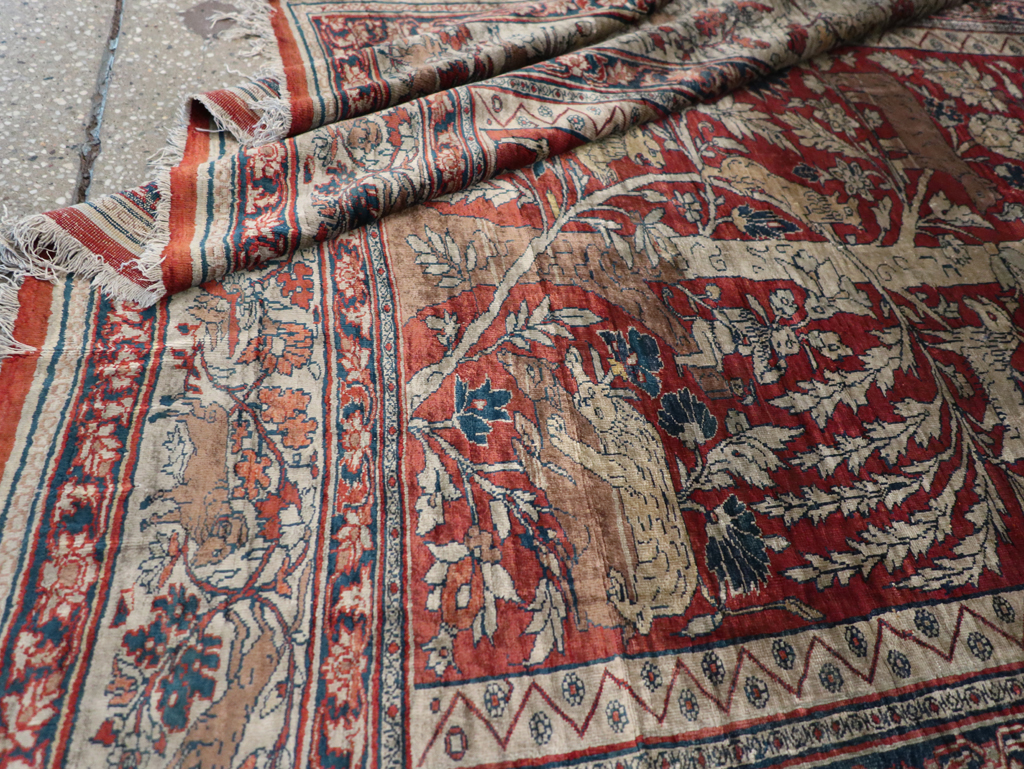 Antique Persian Silk Tabriz Pictorial Accent Rug, No.16402 - Galerie Shabab