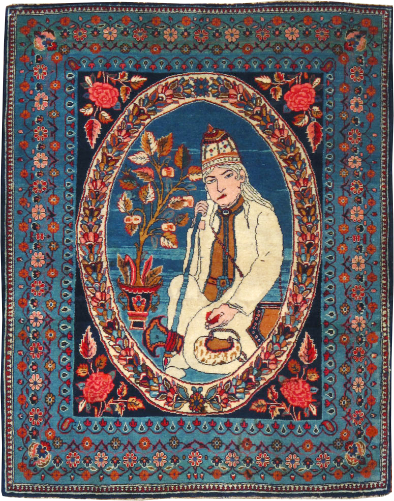 Vintage Persian Yazd Pictorial Throw Rug, No.19029 - Galerie Shabab