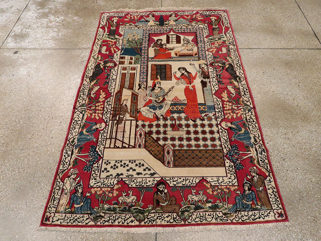Vintage Persian Kashan Pictorial Rug, No.22075 - Galerie Shabab