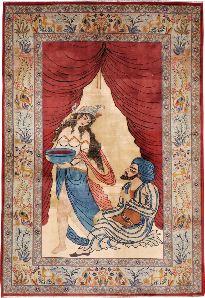 Vintage Persian Tabriz Pictorial Throw Rug, No.22461 - Galerie Shabab