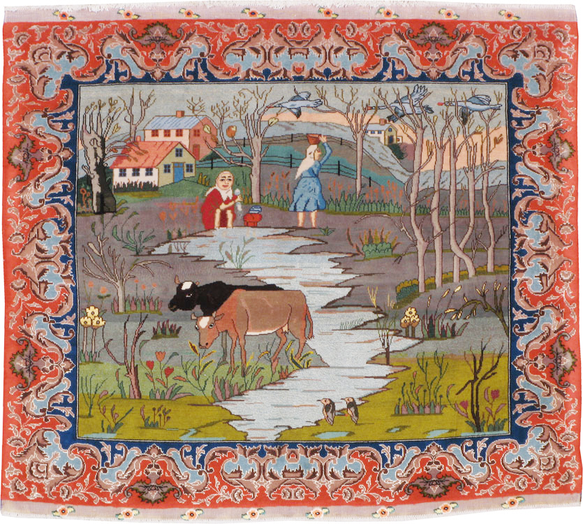 Vintage Persian Tabriz Pictorial Rug, No.22768 - Galerie Shabab