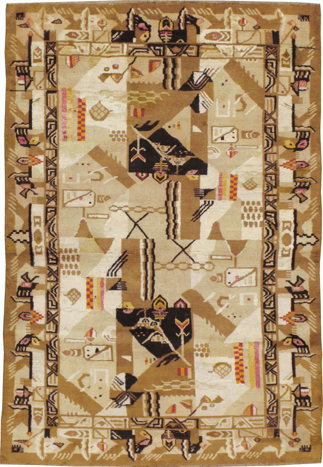 Vintage Indian Cotton Agra Art Deco Rug Inspired By Edward McKnight Kauffer, No.22935 - Galerie Shabab