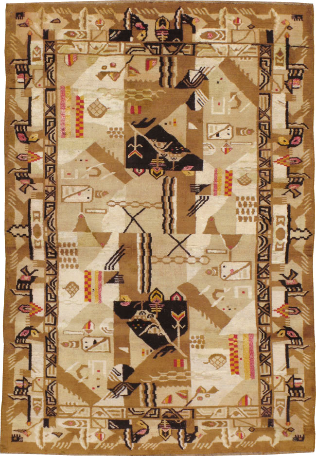 Vintage Indian Cotton Agra Art Deco Rug Inspired By Edward McKnight Kauffer, No.22935 - Galerie Shabab