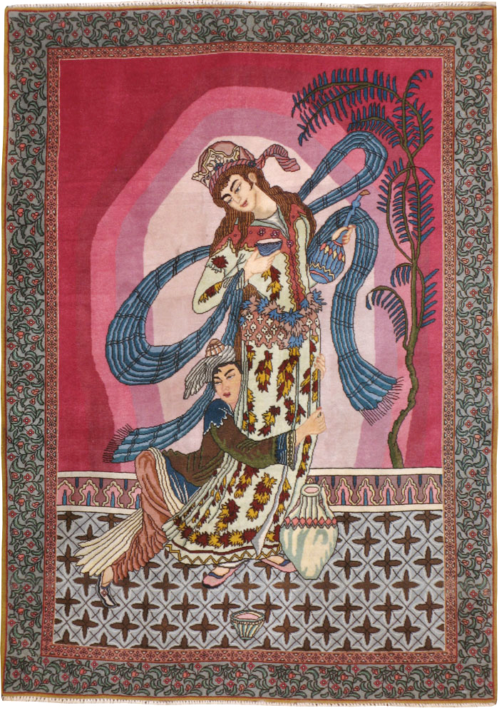 Vintage Persian Tabriz Pictorial Throw Rug (Pair: 1 of 2), No.23847 - Galerie Shabab