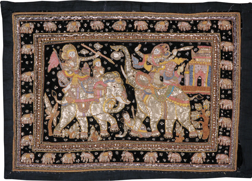 Burmese High Relief Richly Embroidered and Beaded Tapestry, No.24648 - Galerie Shabab