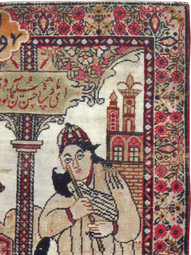 Antique Persian Lavar Kerman Pictorial Throw Rug (Pair: 1 of 2), No.24993 - Galerie Shabab