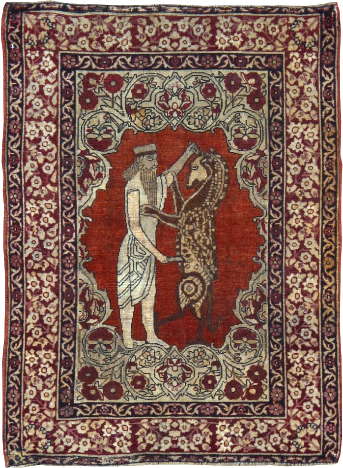 Antique Persian Lavar Kerman Pictorial Throw Rug, No.25014 - Galerie Shabab