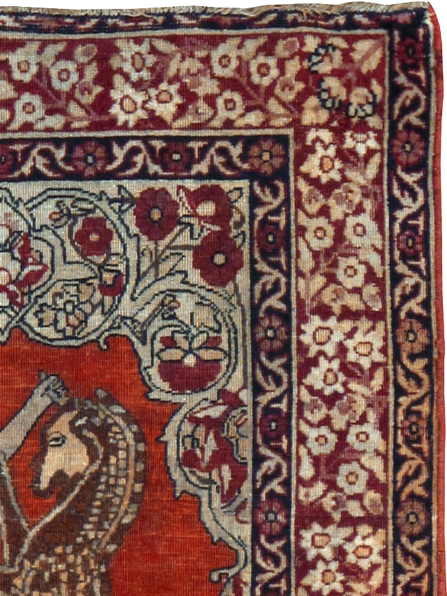 Antique Persian Lavar Kerman Pictorial Throw Rug, No.25014 - Galerie Shabab