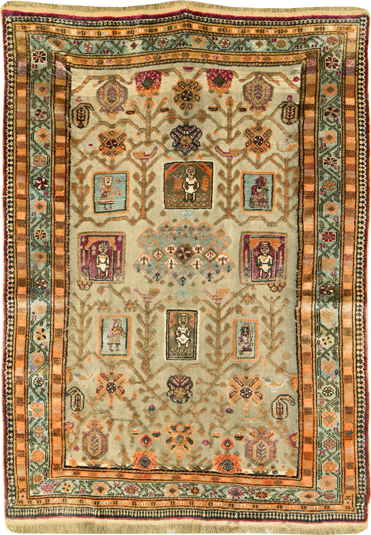 Silk Antique Persian Shiraz Pictorial Souf Throw Rug, No.26503 - Galerie Shabab