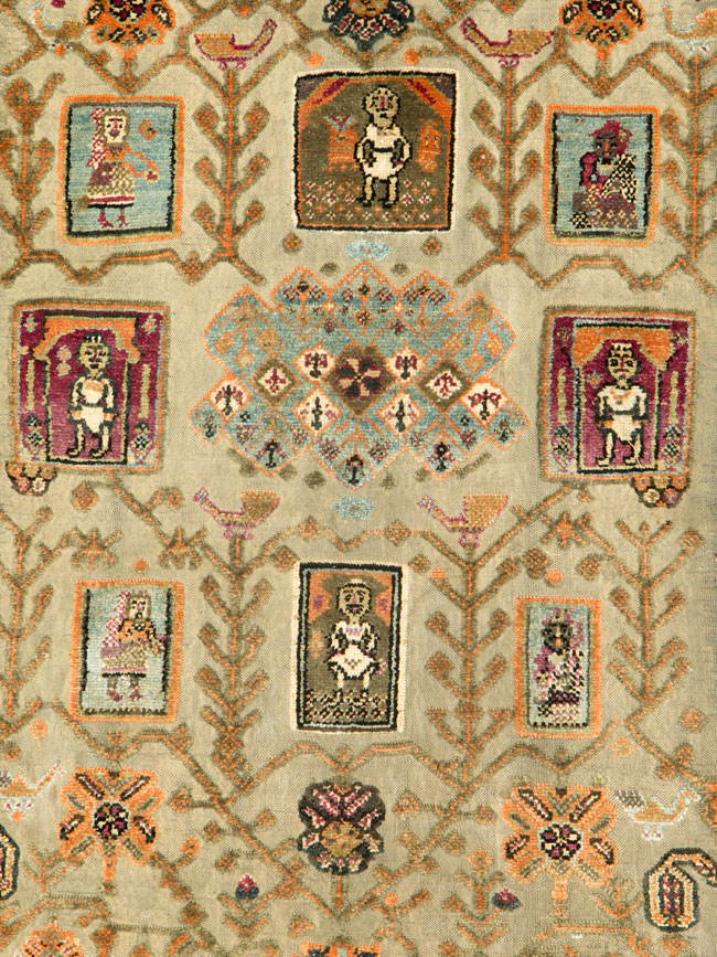 Silk Antique Persian Shiraz Pictorial Souf Throw Rug, No.26503 - Galerie Shabab