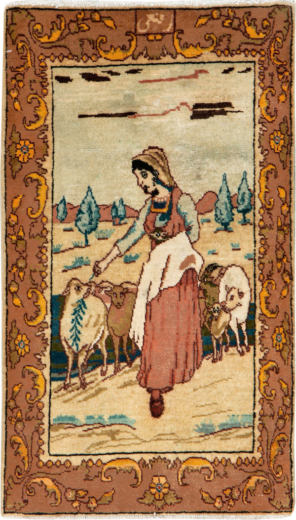 Vintage Persian Tabriz Pictorial Throw Rug, No.26711 - Galerie Shabab