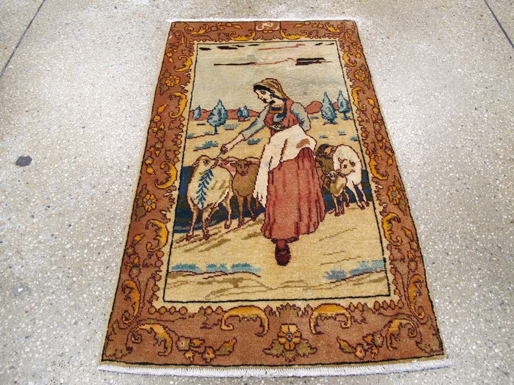 Vintage Persian Tabriz Pictorial Throw Rug, No.26711 - Galerie Shabab