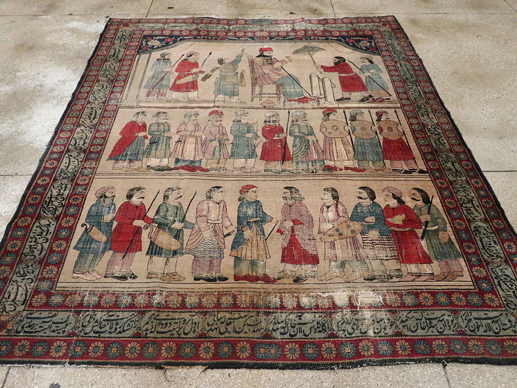 Antique Persian Lavar Kerman Pictorial Accent Carpet, No.27776 - Galerie Shabab