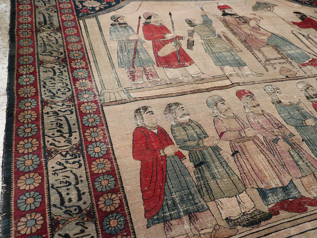 Antique Persian Lavar Kerman Pictorial Accent Carpet, No.27776 - Galerie Shabab