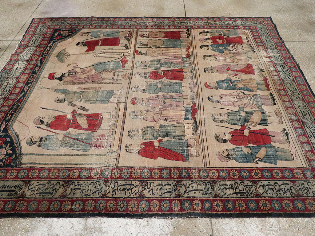 Antique Persian Lavar Kerman Pictorial Accent Carpet, No.27776 - Galerie Shabab
