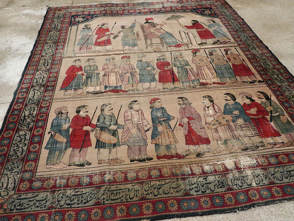 Antique Persian Lavar Kerman Pictorial Accent Carpet, No.27776 - Galerie Shabab