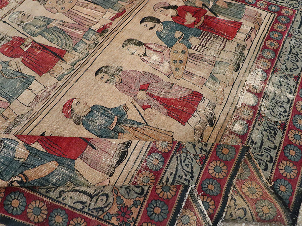 Antique Persian Lavar Kerman Pictorial Accent Carpet, No.27776 - Galerie Shabab