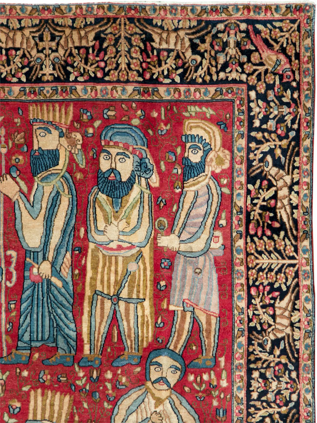 Vintage Persian Kerman Pictorial Accent Rug, No.27792 - Galerie Shabab