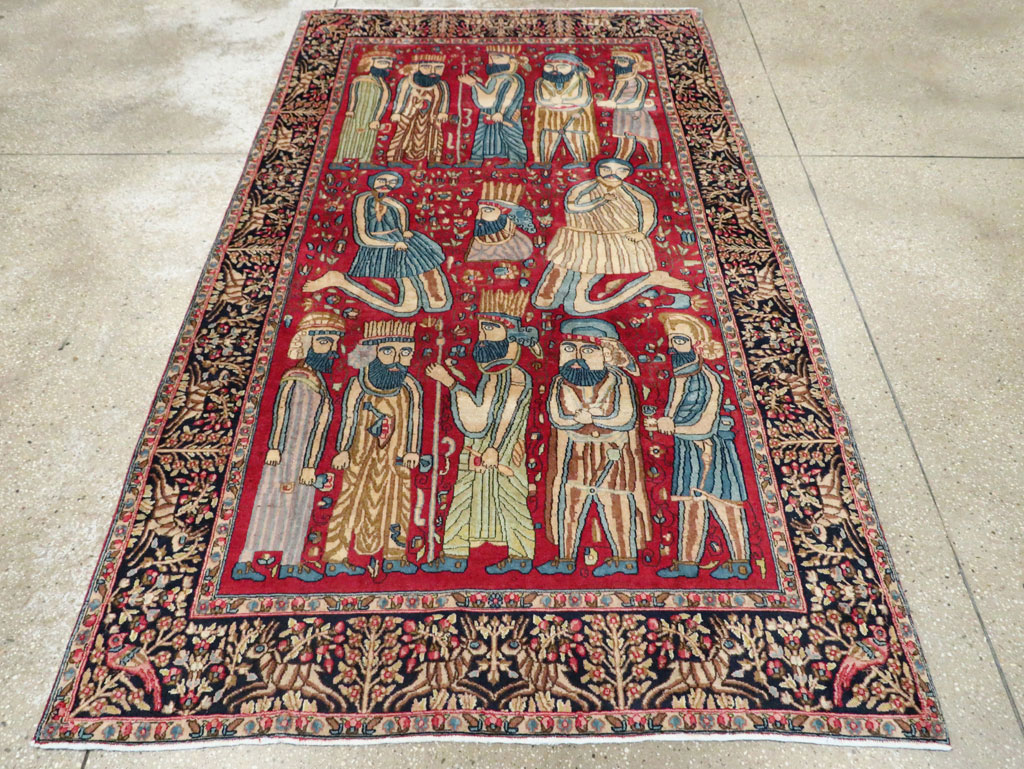 Vintage Persian Kerman Pictorial Accent Rug, No.27792 - Galerie Shabab