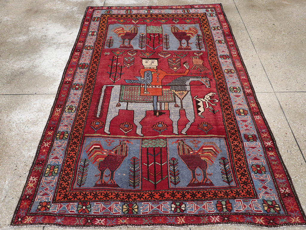 Vintage Caucasian Karabagh Pictorial Accent Rug, No.27793 - Galerie Shabab