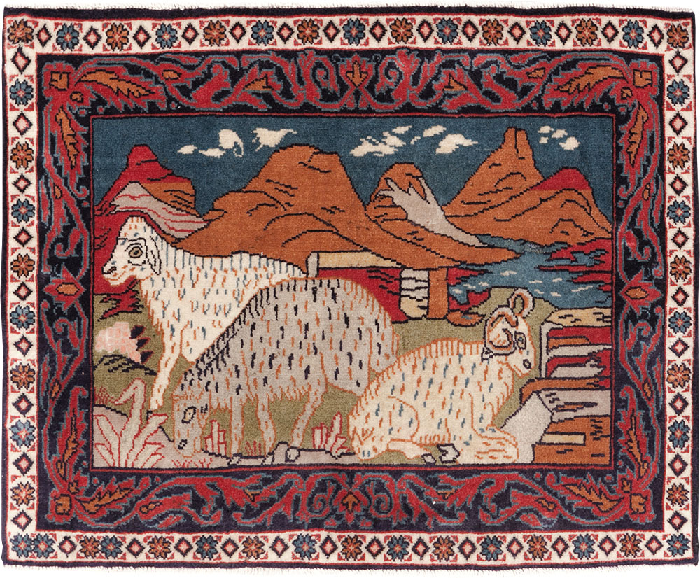 Vintage Persian Sarouk Pictorial Throw Rug (Pair: 2 of 2), No.27995 - Galerie Shabab