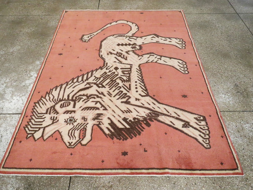 Vintage Khotan Pictorial Lion Rug, No.28049 - Galerie Shabab