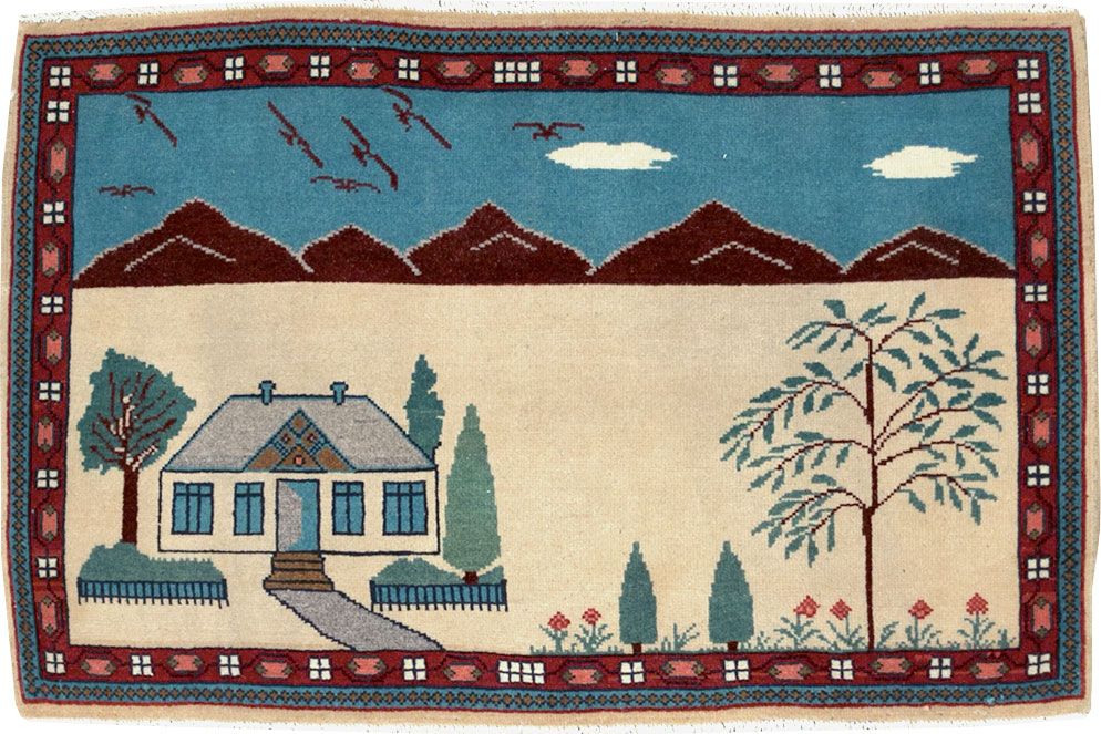 Vintage Persian Kashan Pictorial Rug (Pair: 1 of 2), No.28061 - Galerie Shabab