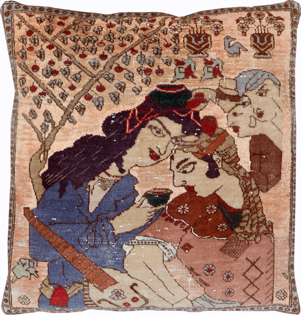 Antique Persian Tabriz Pictorial Pillow, No.28265 - Galerie Shabab