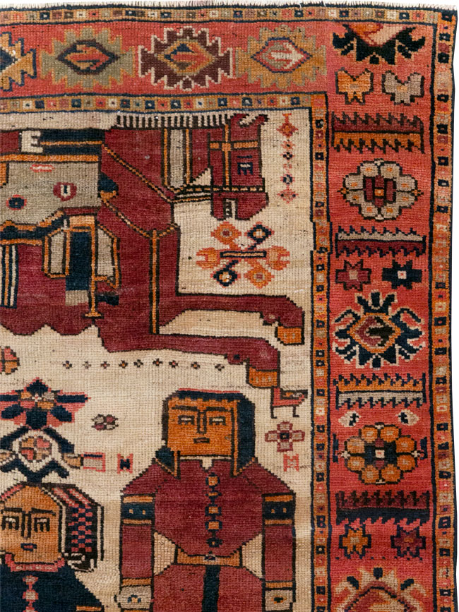 Vintage Persian Pictorial Bakhtiari Tribal Accent Rug, No.28360 - Galerie Shabab