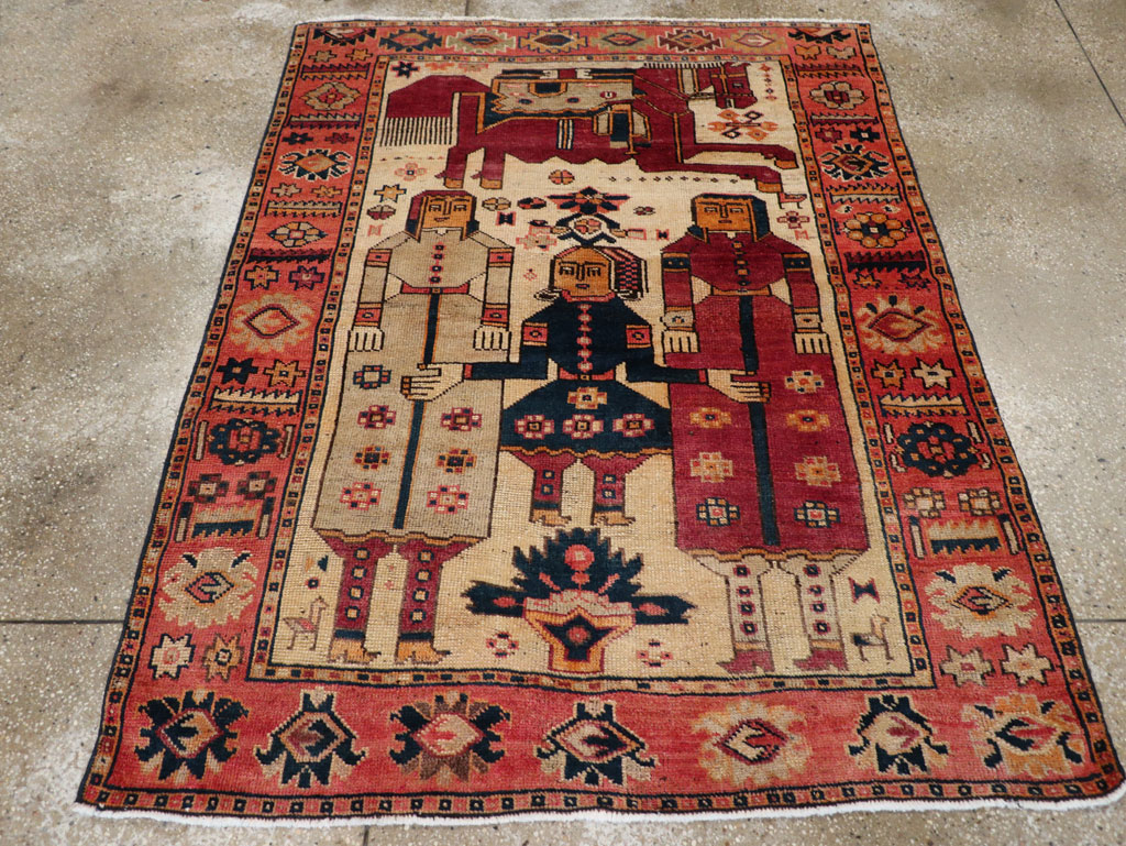 Vintage Persian Pictorial Bakhtiari Tribal Accent Rug, No.28360 - Galerie Shabab