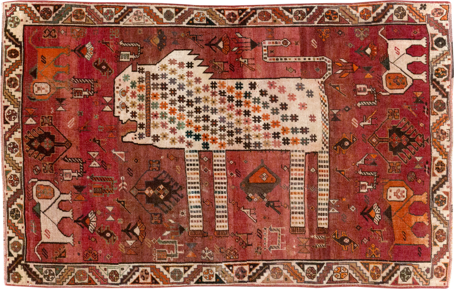 Vintage Persian Qashqai Pictorial Throw Rug, No.28434 - Galerie Shabab