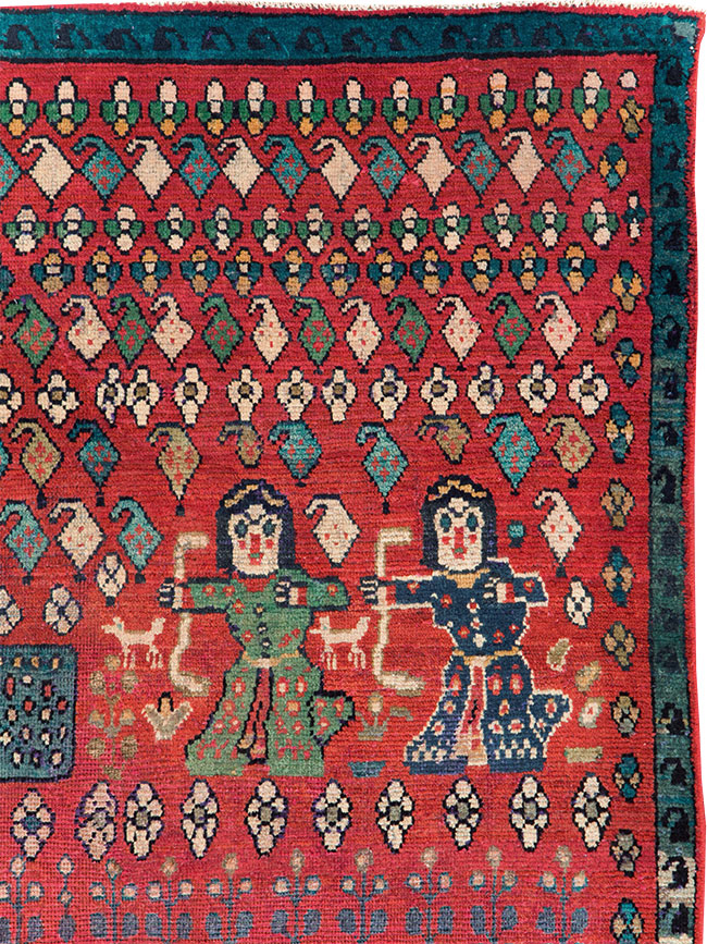 Vintage Persian Hamadan Pictorial Accent Carpet, No.28930 - Galerie Shabab