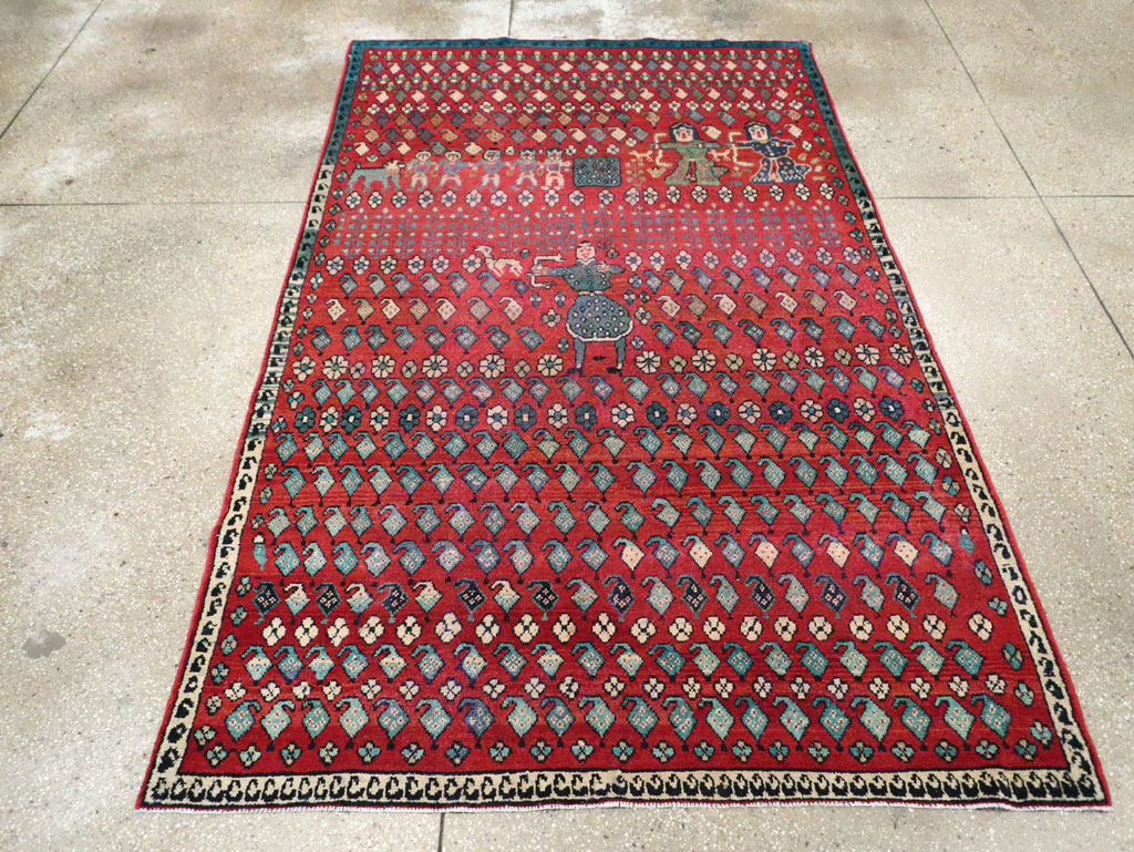 Vintage Persian Hamadan Pictorial Accent Carpet, No.28930 - Galerie Shabab