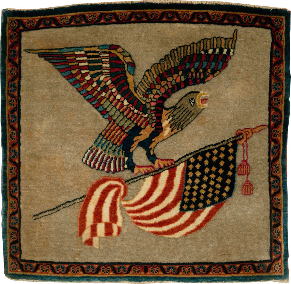 Antique Persian Kashan Flag Pictorial Rug, No.29111 - Galerie Shabab