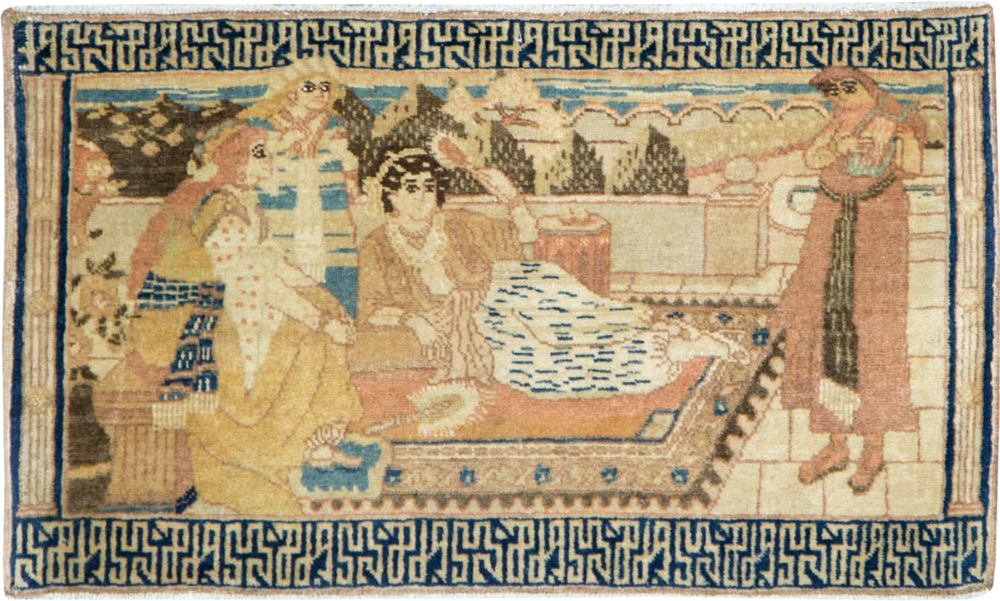 Vintage Persian Tabriz Pictorial Throw Rug, No.29270 - Galerie Shabab