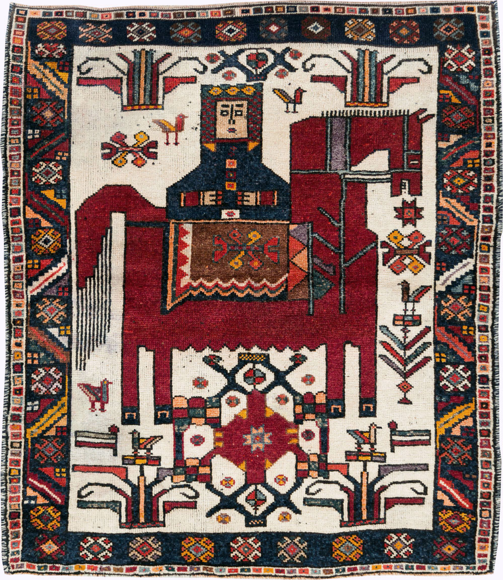 Vintage Persian Pictorial Bakhtiari Square Accent Rug (Pair: 1 of 2), No.30033 - Galerie Shabab