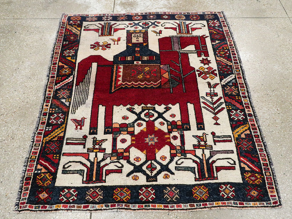 Vintage Persian Pictorial Bakhtiari Square Accent Rug (Pair: 1 of 2), No.30033 - Galerie Shabab