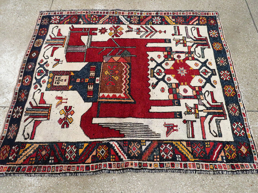 Vintage Persian Pictorial Bakhtiari Square Accent Rug (Pair: 1 of 2), No.30033 - Galerie Shabab