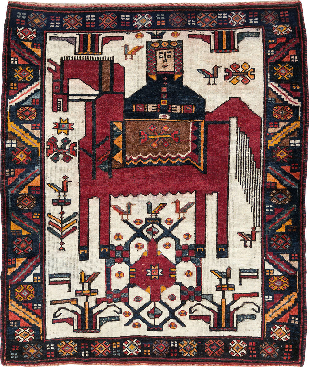 Vintage Persian Pictorial Bakhtiari Square Accent Rug (Pair: 2 of 2), No.30034 - Galerie Shabab