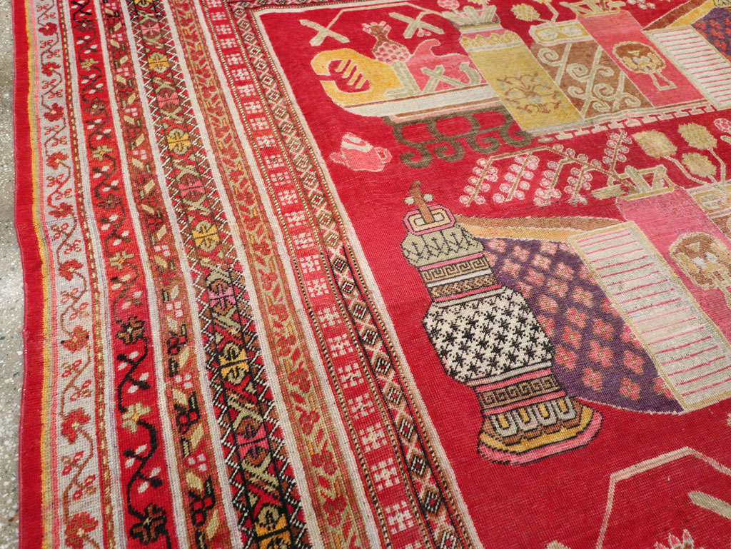 Antique East Turkestan Pictorial Vase Khotan Small Room Size Carpet, No.30818 - Galerie Shabab