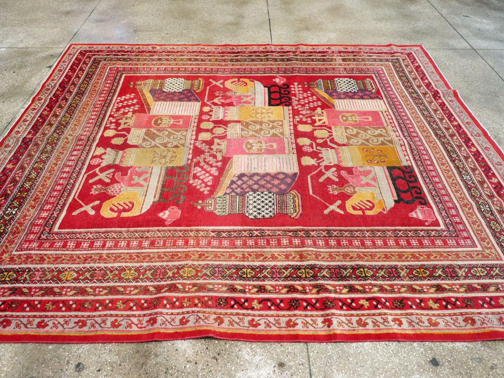 Antique East Turkestan Pictorial Vase Khotan Small Room Size Carpet, No.30818 - Galerie Shabab