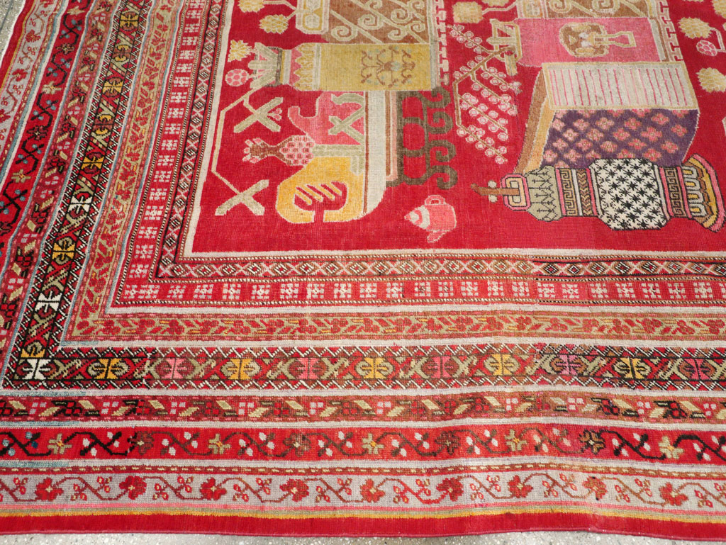 Antique East Turkestan Pictorial Vase Khotan Small Room Size Carpet, No.30818 - Galerie Shabab