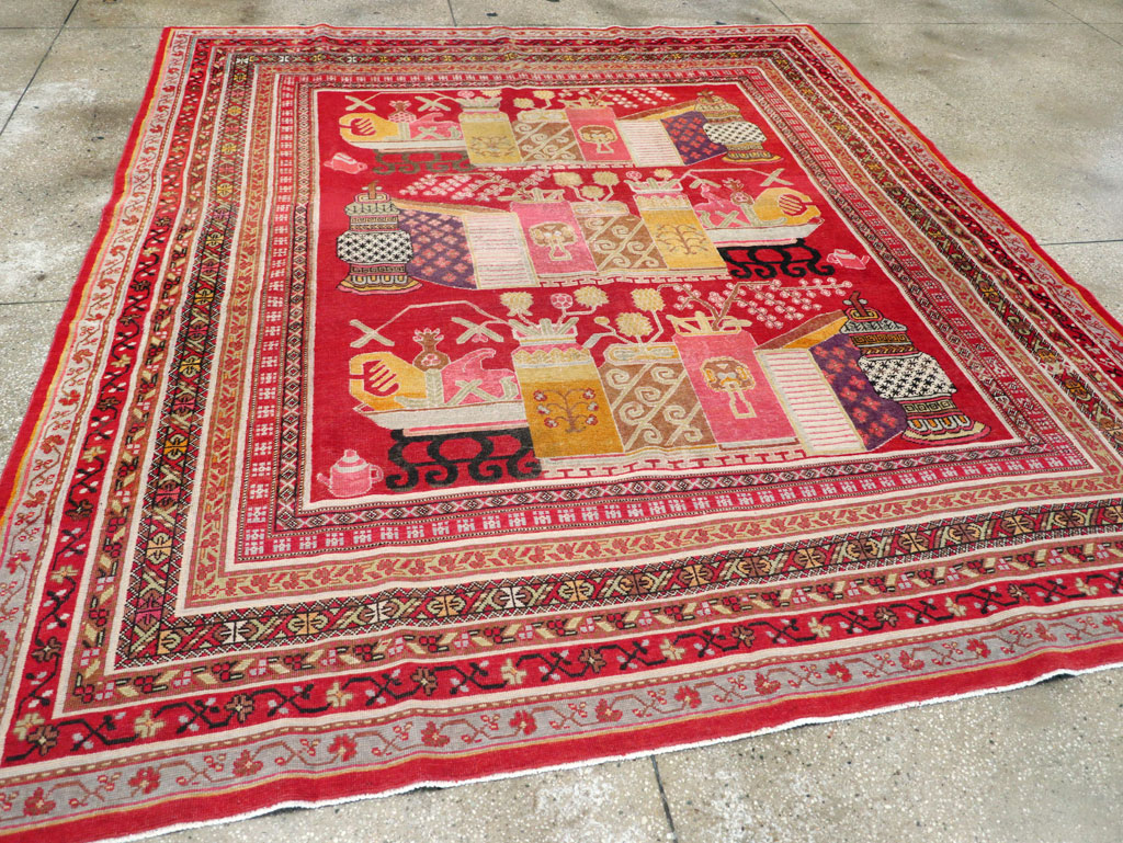 Antique East Turkestan Pictorial Vase Khotan Small Room Size Carpet, No.30818 - Galerie Shabab