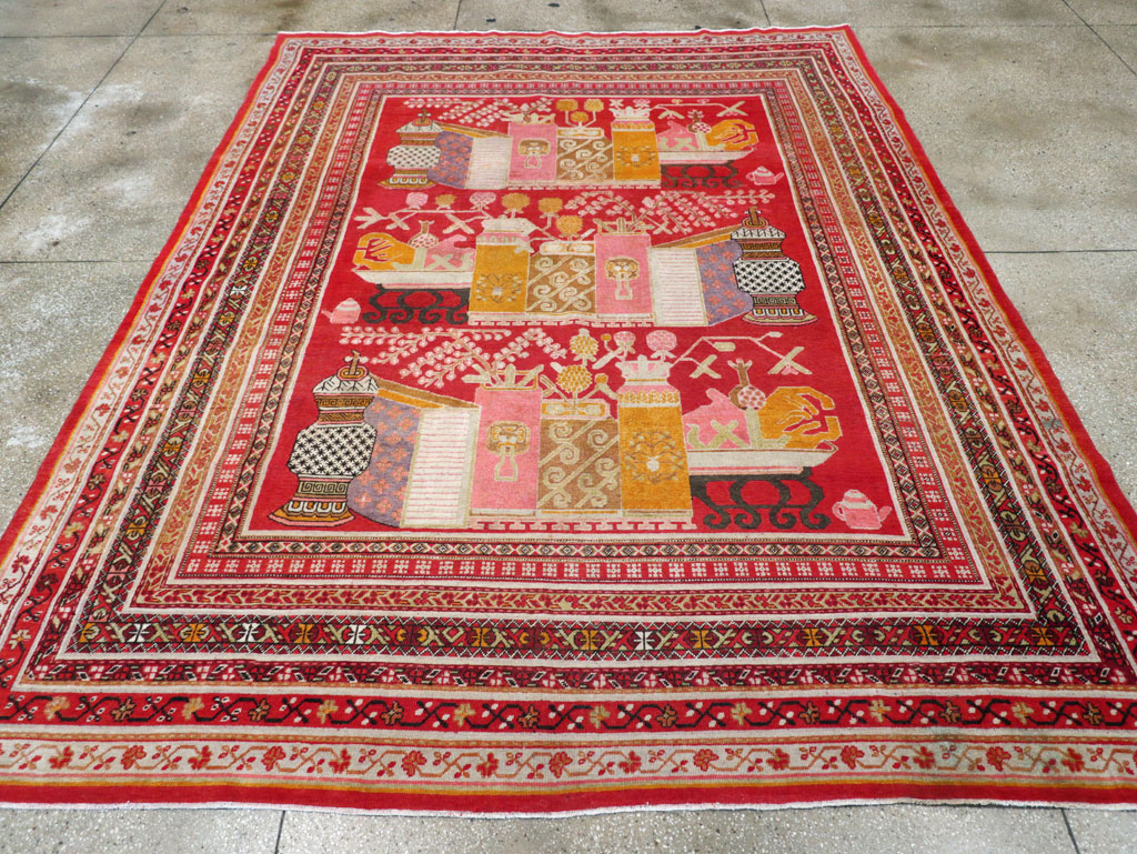 Antique East Turkestan Pictorial Vase Khotan Room Size Carpet, No.30852 - Galerie Shabab