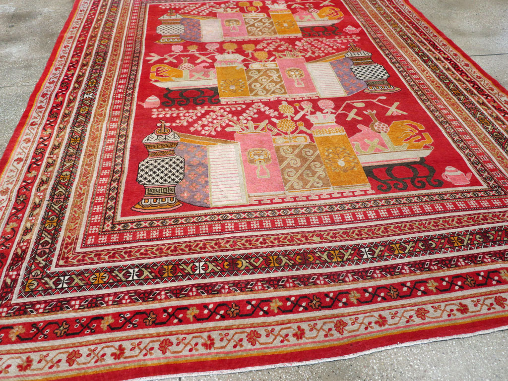 Antique East Turkestan Pictorial Vase Khotan Room Size Carpet, No.30852 - Galerie Shabab