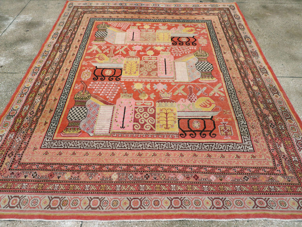 Antique East Turkestan Vase Khotan Small Room Size Carpet, No.30927 - Galerie Shabab