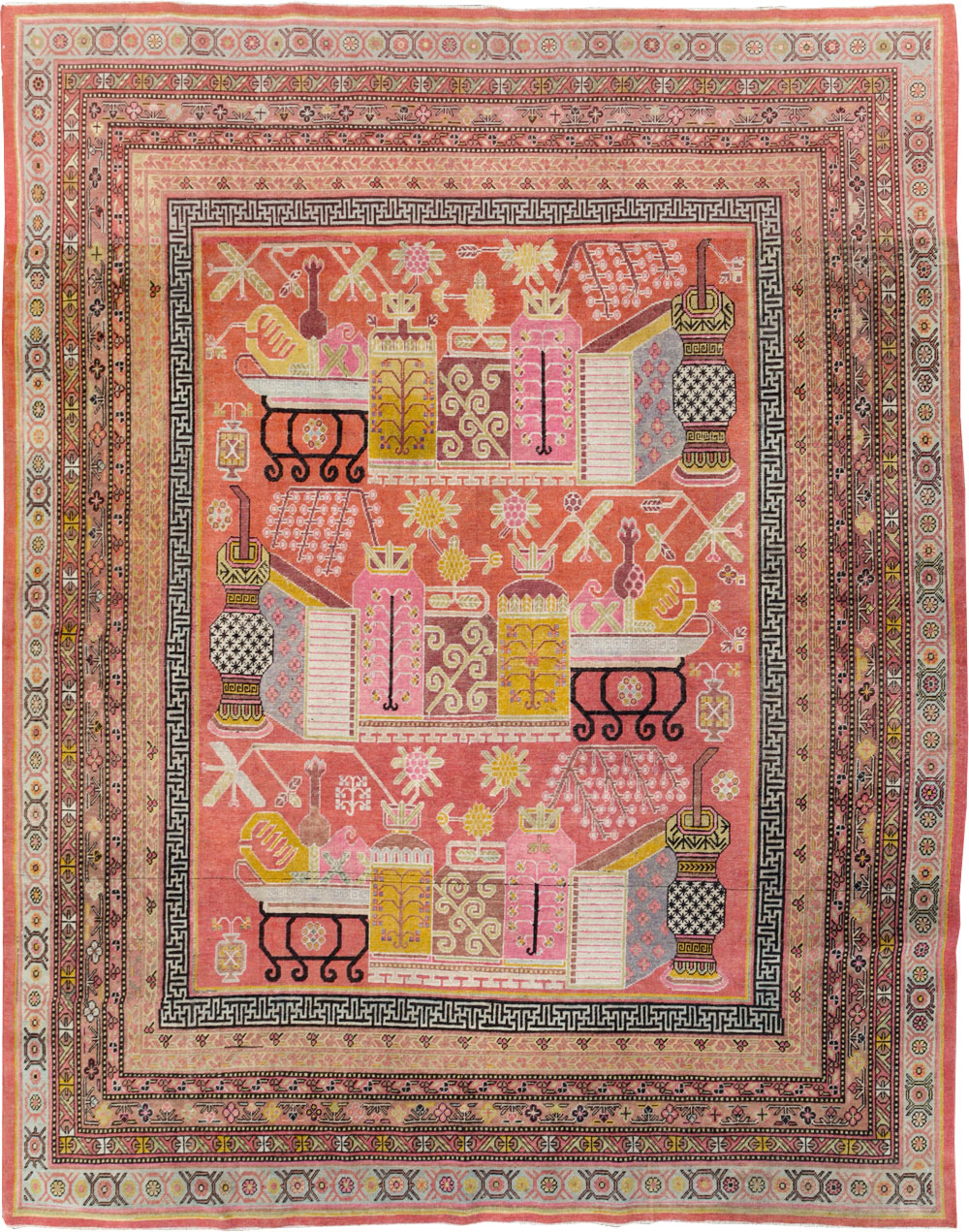 Antique East Turkestan Vase Khotan Small Room Size Carpet, No.31144 - Galerie Shabab