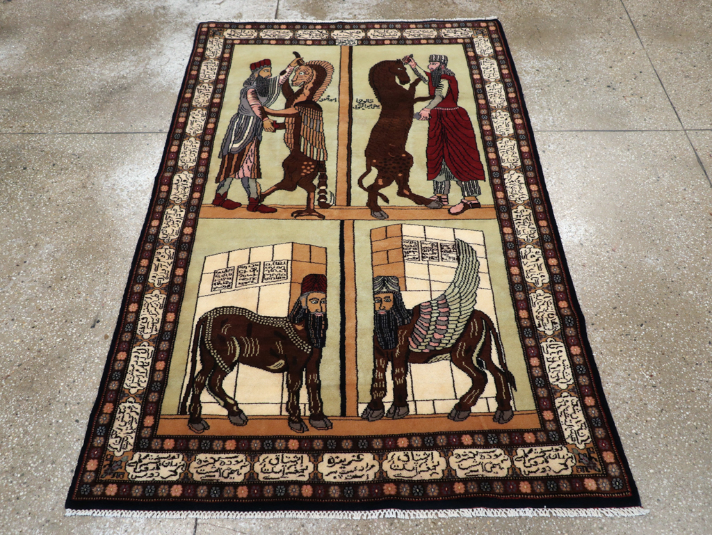 Vintage Turkish Zanjan Pictorial Accent Rug, No.31477 - Galerie Shabab